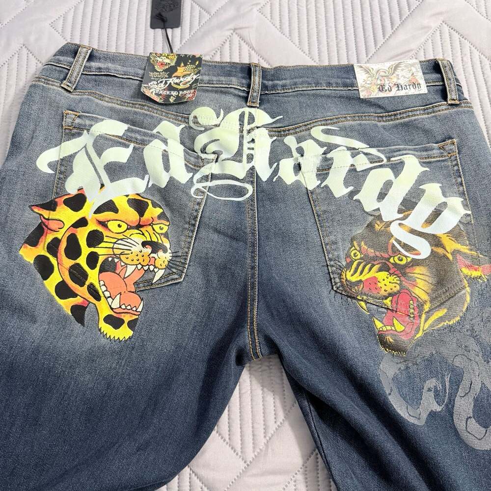 Ed Hardy Men's Denim Bootcut Jeans with Graphic Print and Frayed Hem 36